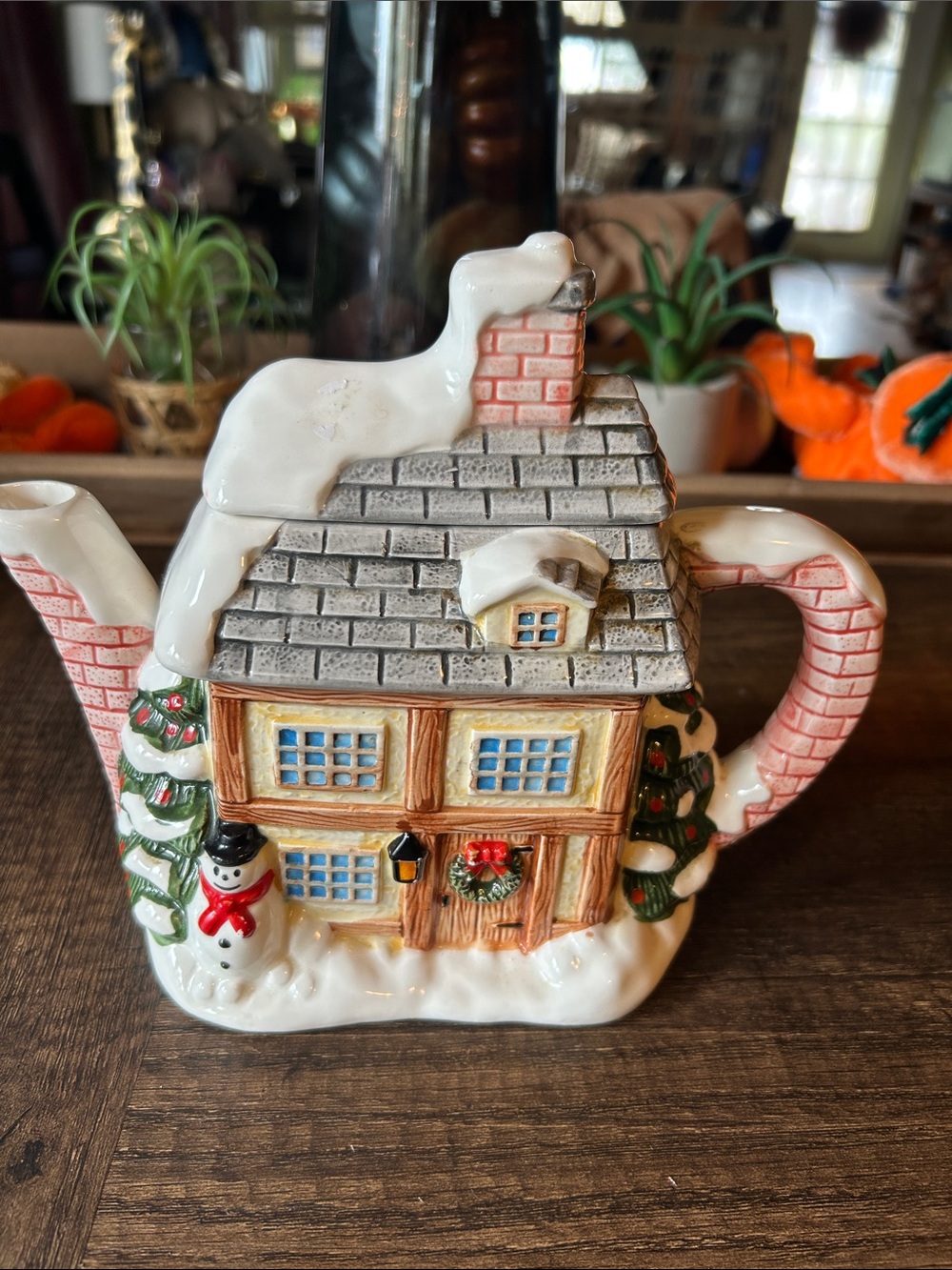 Festive Snow-Covered Cottage Teapot - Holiday Home Decor